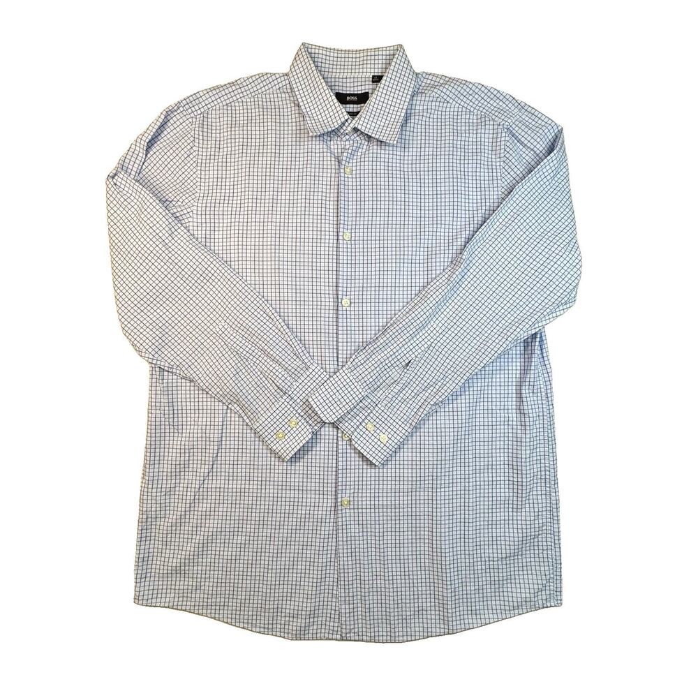 BOSS Hugo Boss Sharp Fit 17 32/33 Blue Check Dress Shirt Mens 2185￼